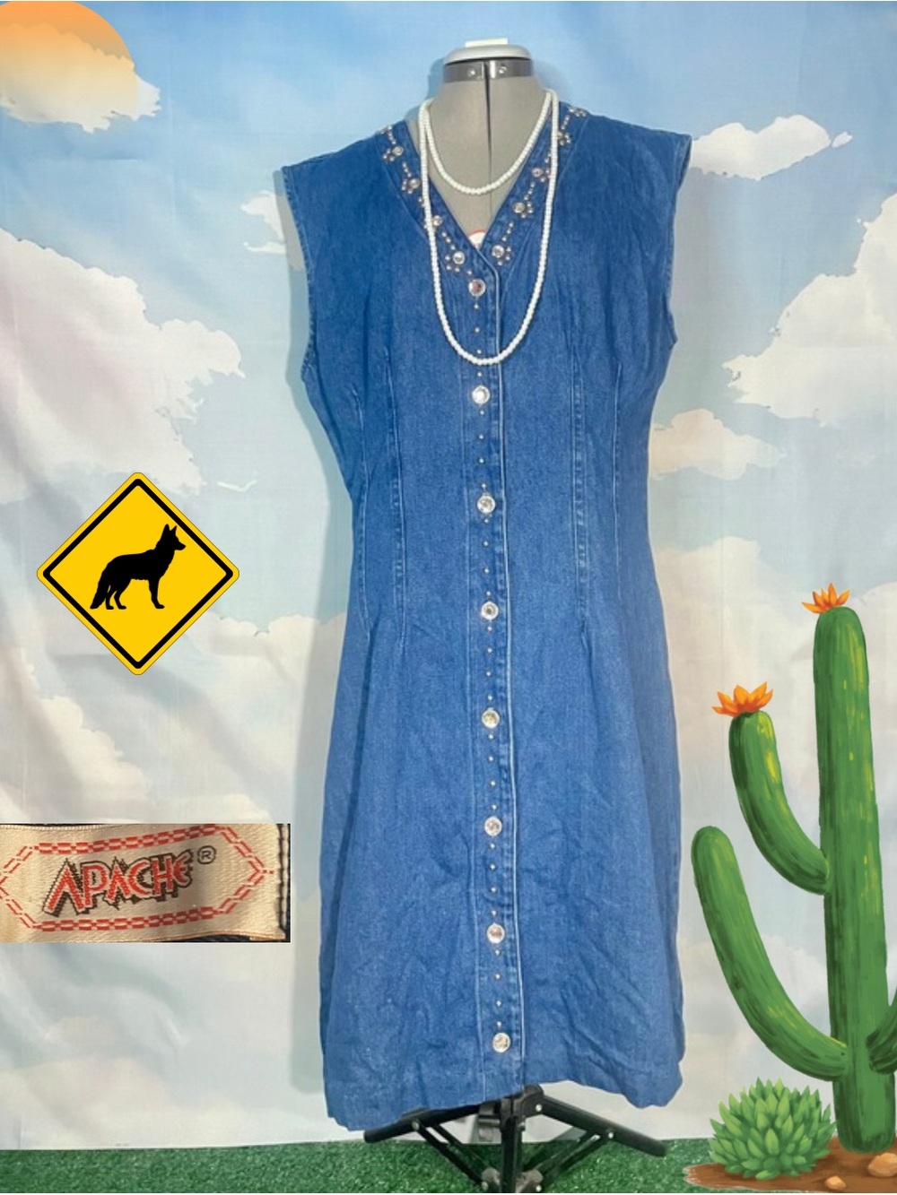 Sleeveless Blue Button-Front Denim Dress